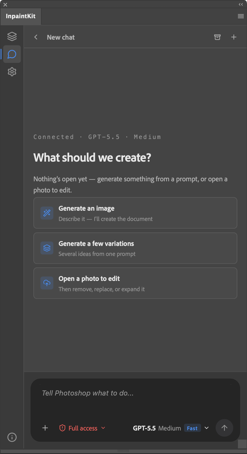 InpaintKit Chat panel running inside Photoshop: type a request and the GPT-5.5 agent generates images, makes variations, or opens a photo to edit.