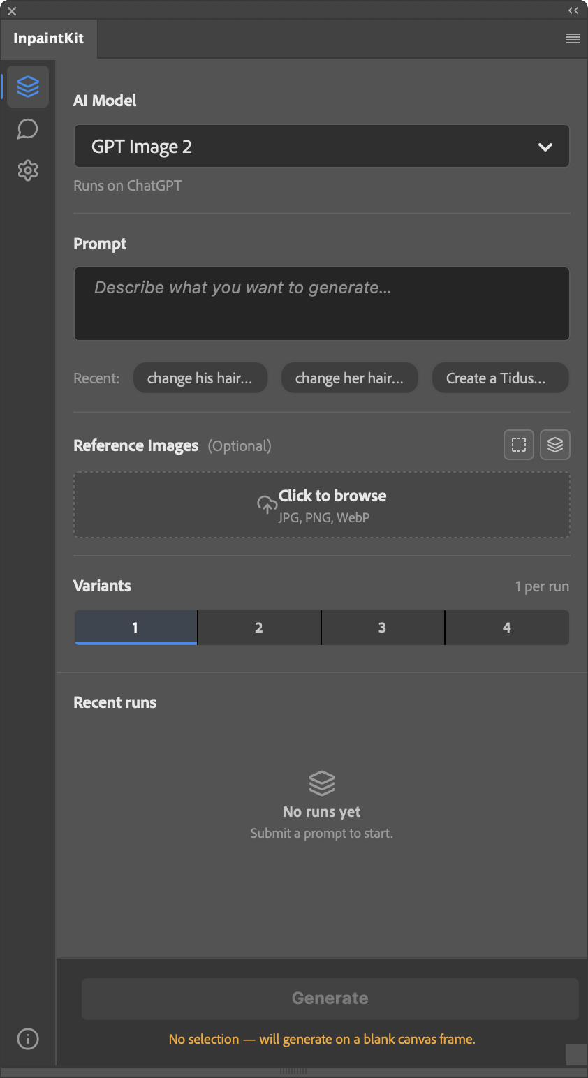 InpaintKit Inpaint panel: AI model picker, prompt box, reference images, and variant selector.