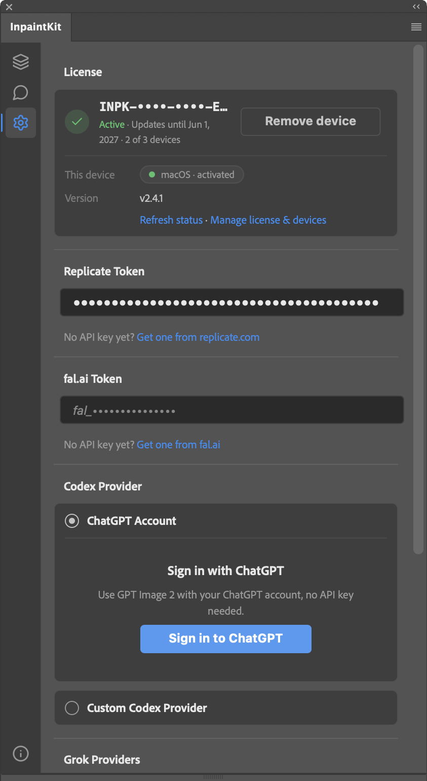 InpaintKit settings panel: license status, Replicate and fal.ai tokens, and ChatGPT / Grok sign-in.